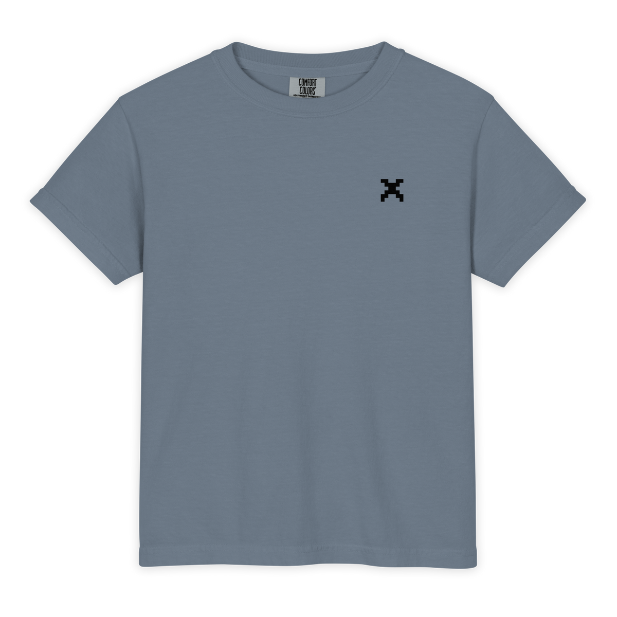 Retro SIGNUMX kids Catholic t-shirt, Blue Jean – front, pixel X (Sign of the Cross)