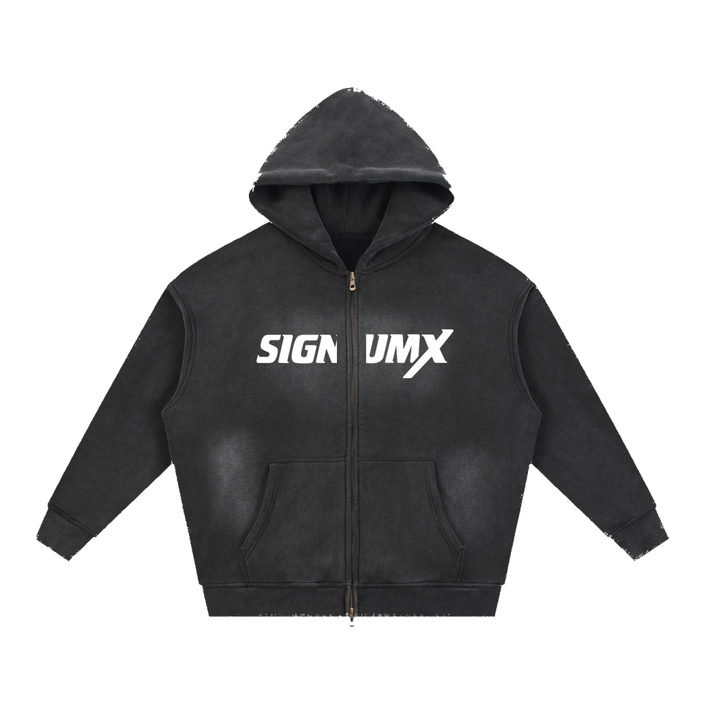 Men's Catholic zip hoodie Black front, SIGNUMX white chest print, full zip