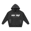 Men's Catholic zip hoodie Black front, SIGNUMX white chest print, full zip