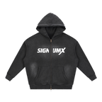Men's Catholic zip hoodie Black front, SIGNUMX white chest print, full zip