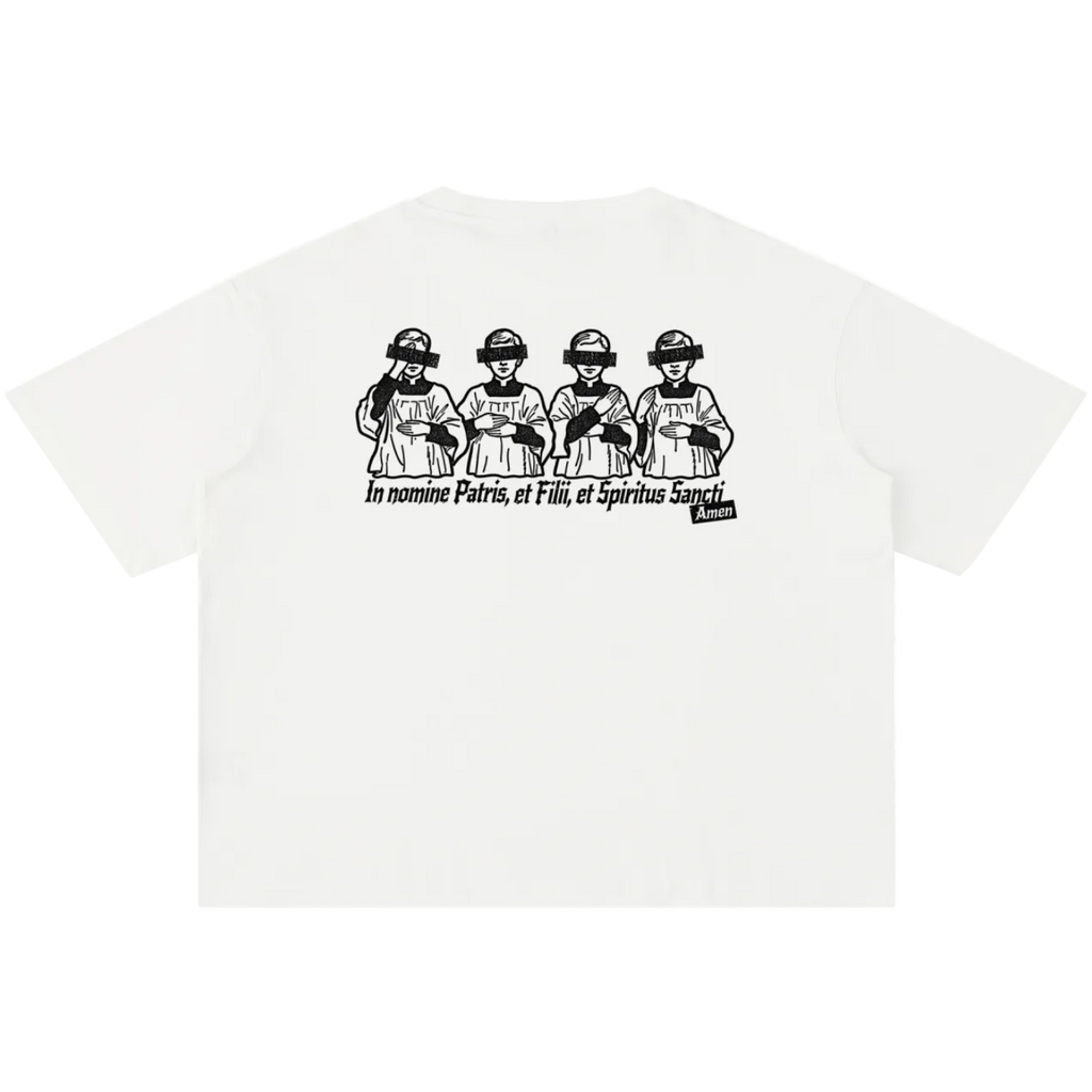 White In Nomine Patris shirt back, altar boys making the Sign of the Cross with Latin prayer