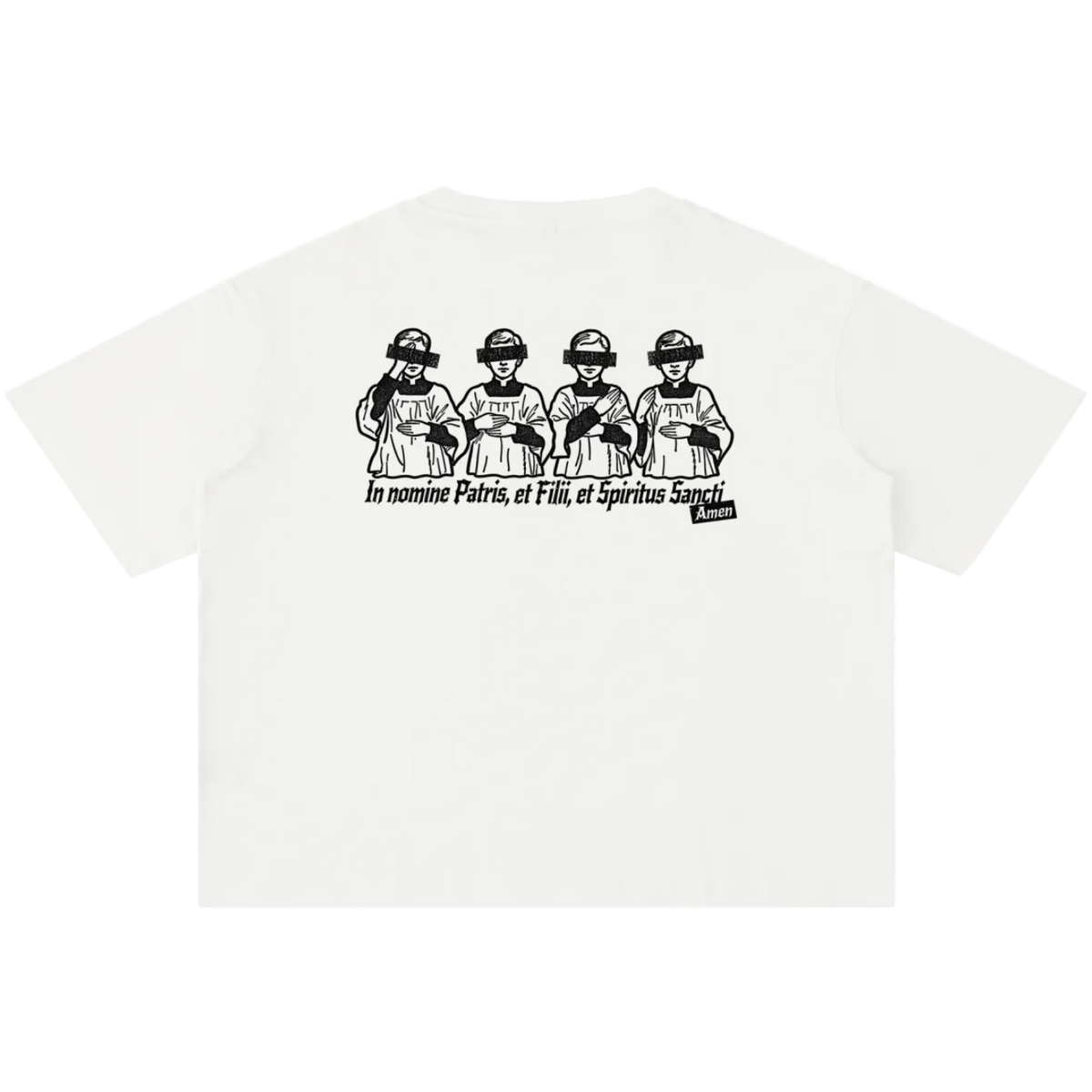 White In Nomine Patris shirt back, altar boys making the Sign of the Cross with Latin prayer