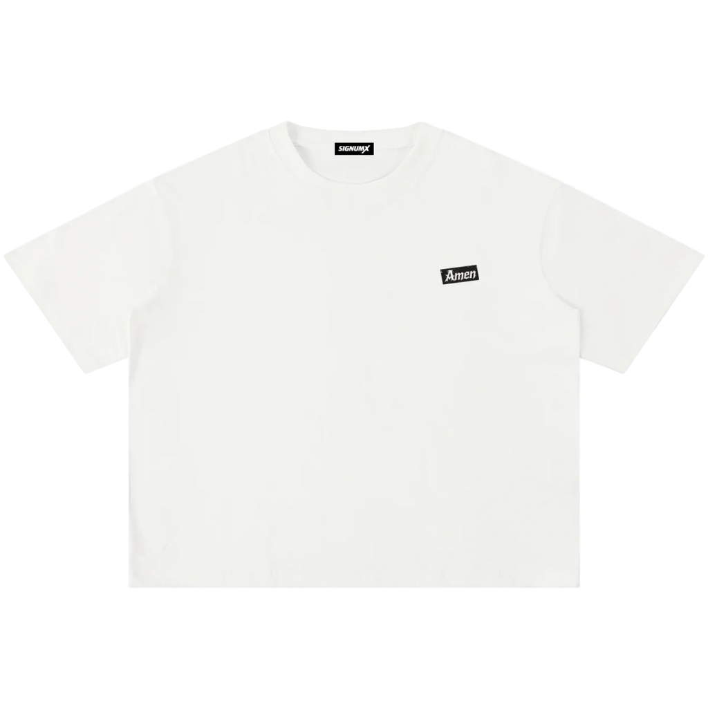 White In Nomine Patris Catholic shirt, small Amen print on chest, front