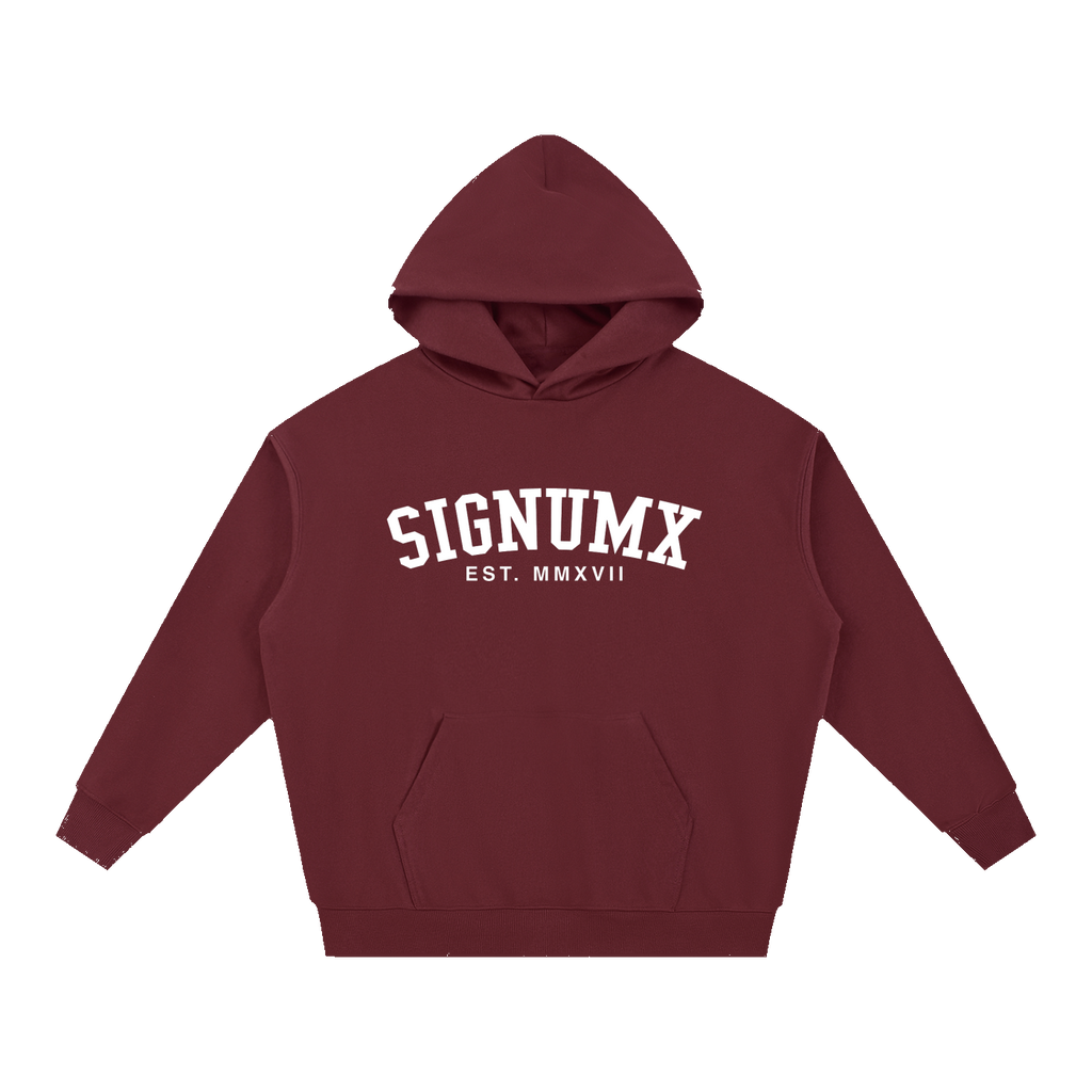 SIGNUMX College Hoodie in Maroon, women's Catholic hoodie with white collegiate SIGNUMX chest print and EST. MMXVII, front flat lay