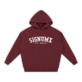 SIGNUMX College Hoodie in Maroon, women's Catholic hoodie with white collegiate SIGNUMX chest print and EST. MMXVII, front flat lay
