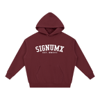 SIGNUMX College Hoodie in Maroon, women's Catholic hoodie with white collegiate SIGNUMX chest print and EST. MMXVII, front flat lay