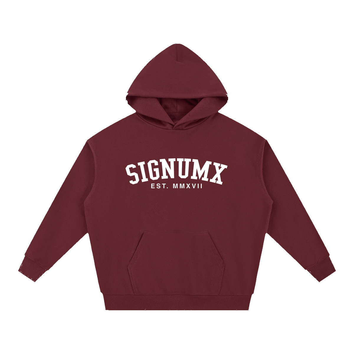 SIGNUMX College Hoodie in Maroon, women's Catholic hoodie with white collegiate SIGNUMX chest print and EST. MMXVII, front flat lay