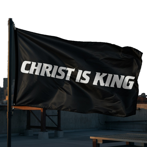 Black flag with 'CHRIST IS KING' text on a rooftop with city skyline in the background