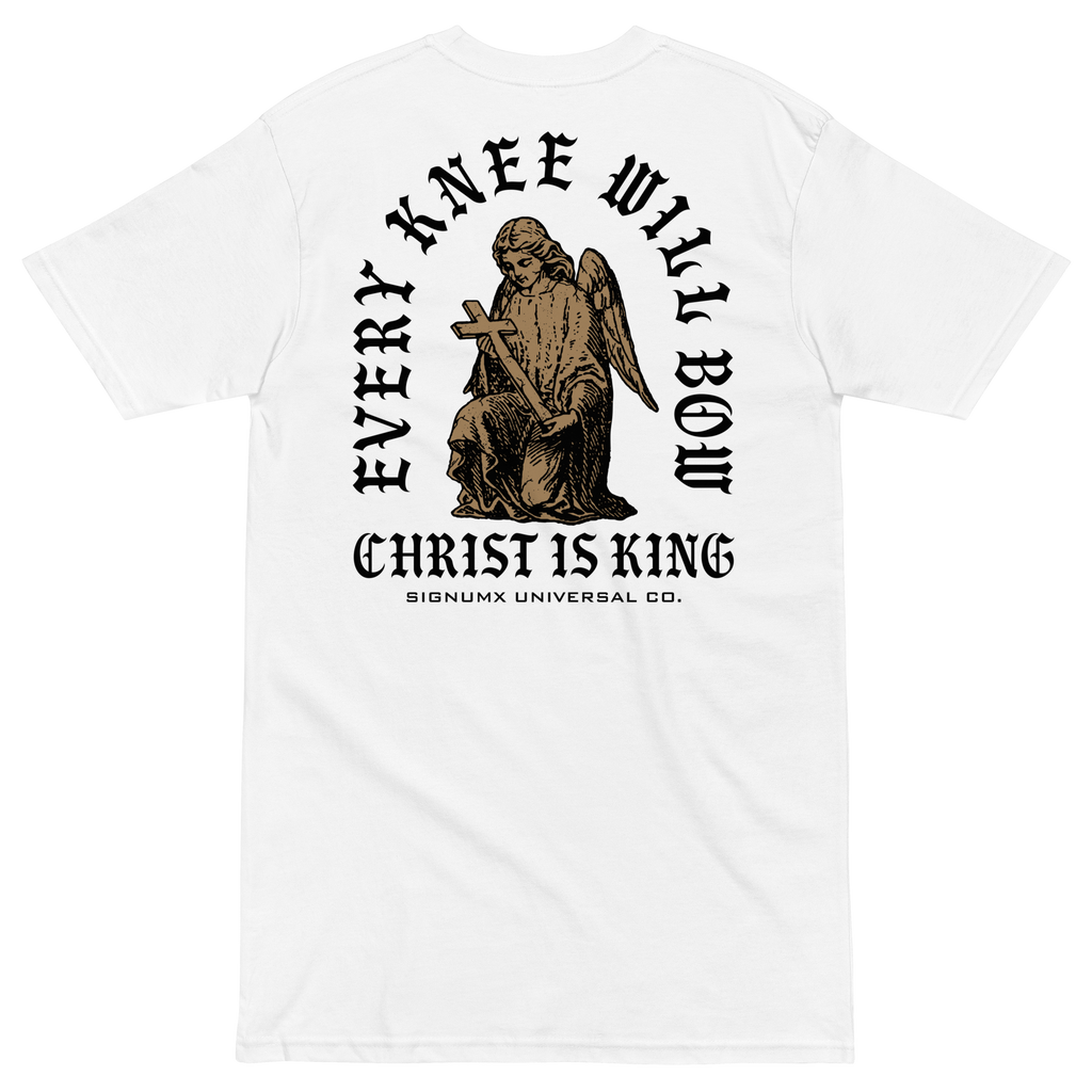 Every Knee Will Bow Catholic t-shirt white back - SIGNUMX logo