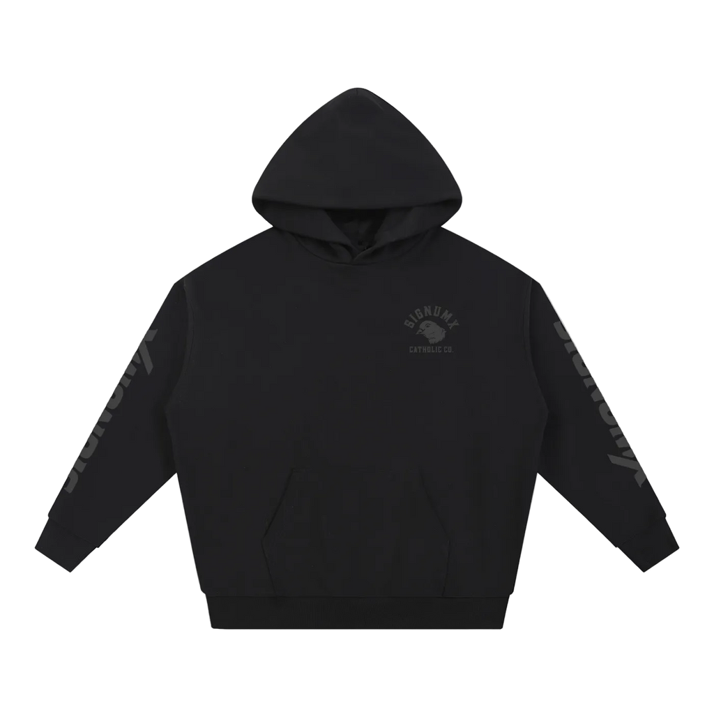 SIGNUMX Essential Hoodie in Black, tonal SIGNUMX crest and sleeve wordmark, front flat lay