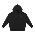 SIGNUMX Essential Hoodie in Black, tonal SIGNUMX crest and sleeve wordmark, front flat lay