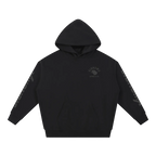 SIGNUMX Essential Hoodie in Black, tonal SIGNUMX crest and sleeve wordmark, front flat lay