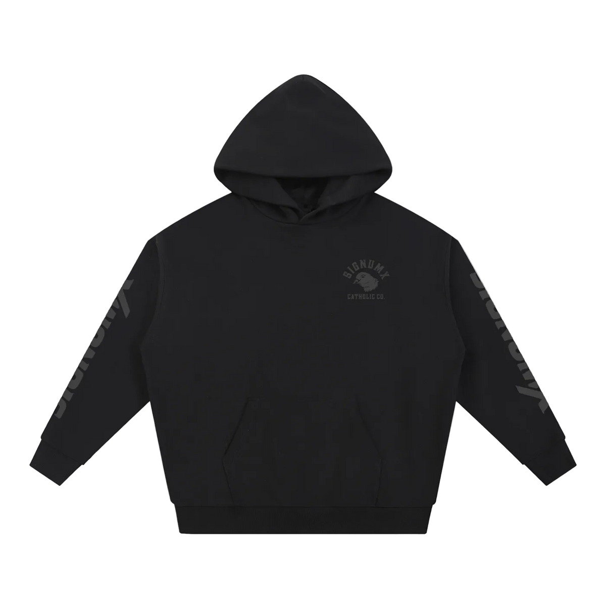 SIGNUMX Essential Hoodie in Black, tonal SIGNUMX crest and sleeve wordmark, front flat lay