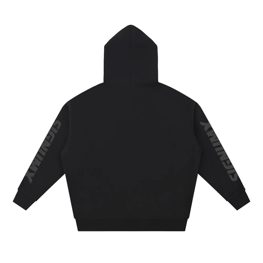 SIGNUMX Essential Hoodie in Black, plain back with sleeve wordmark, flat lay