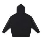 SIGNUMX Essential Hoodie in Black, plain back with sleeve wordmark, flat lay