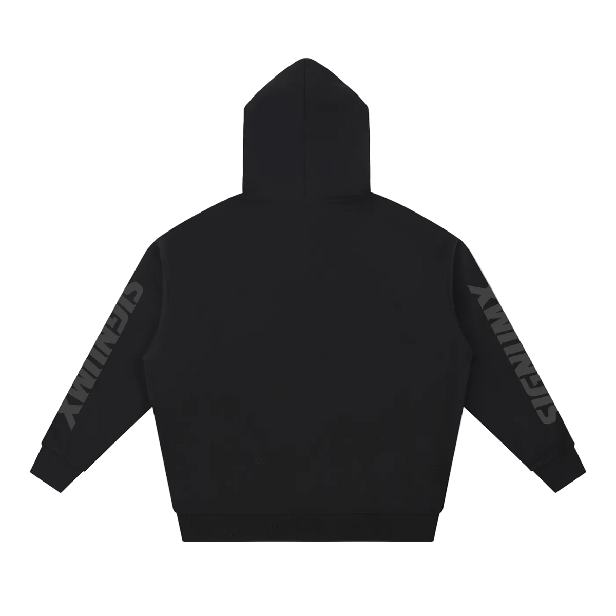 SIGNUMX Essential Hoodie in Black, plain back with sleeve wordmark, flat lay
