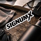 Black water bottle, sunglasses, book, and keys on a textured surface with 'SIGNUMX' logo.