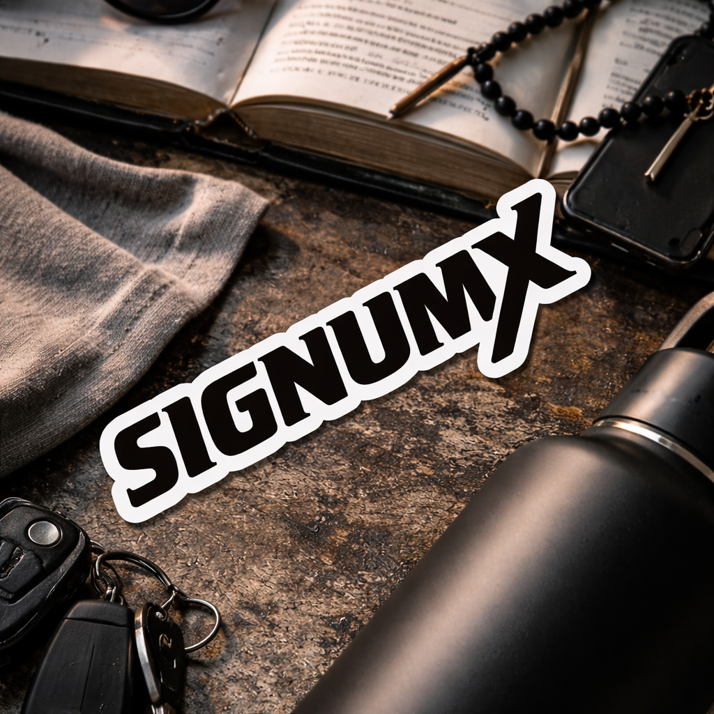 Black water bottle, sunglasses, book, and keys on a textured surface with 'SIGNUMX' logo.