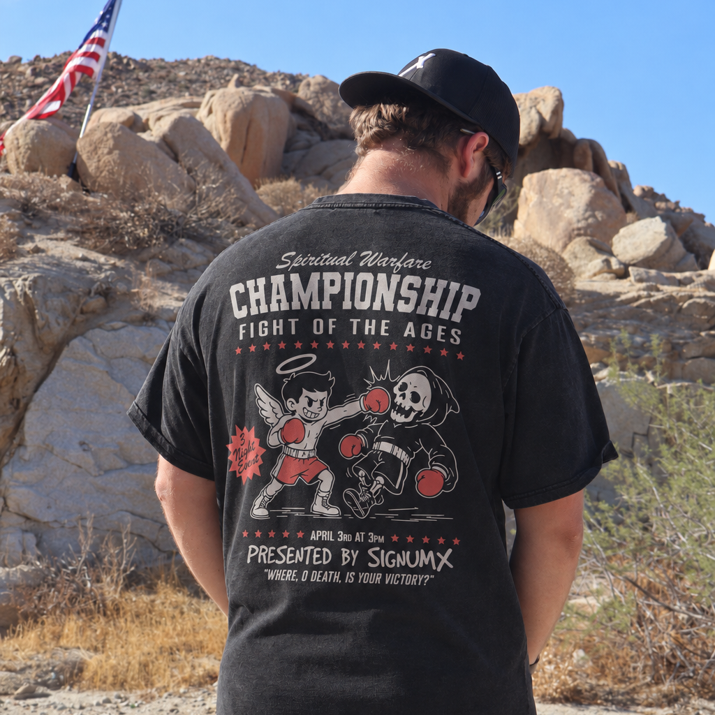 Fight of the ages black t-shirt, spiritual warfare championship presented by signumx "where o death is your victory?"