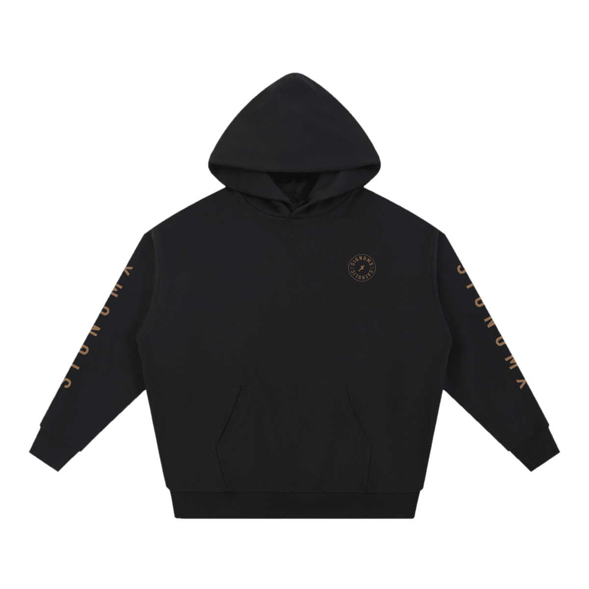 SIGNUMX Essential Hoodie in black, front with small crest on the chest and SIGNUMX on the sleeves