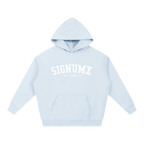 SIGNUMX College Hoodie in Light Blue, women's Catholic hoodie with white arched SIGNUMX wordmark and EST. MMXVII, front flat lay