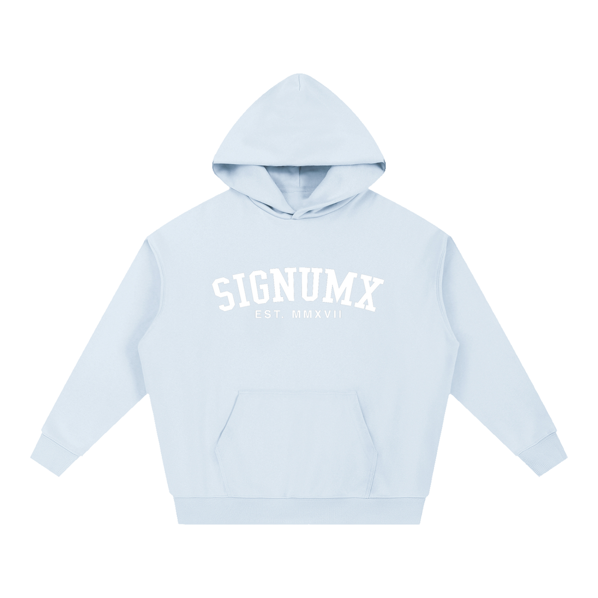 SIGNUMX College Hoodie in Light Blue, women's Catholic hoodie with white arched SIGNUMX wordmark and EST. MMXVII, front flat lay