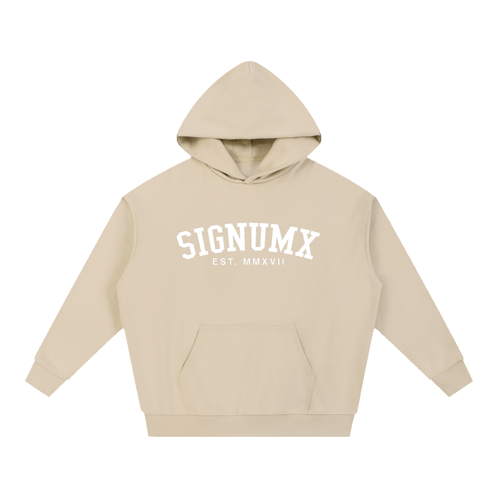 SIGNUMX College Hoodie in Sand, women's Catholic hoodie with white SIGNUMX EST. MMXVII collegiate print, front flat lay