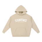 SIGNUMX College Hoodie in Sand, women's Catholic hoodie with white SIGNUMX EST. MMXVII collegiate print, front flat lay