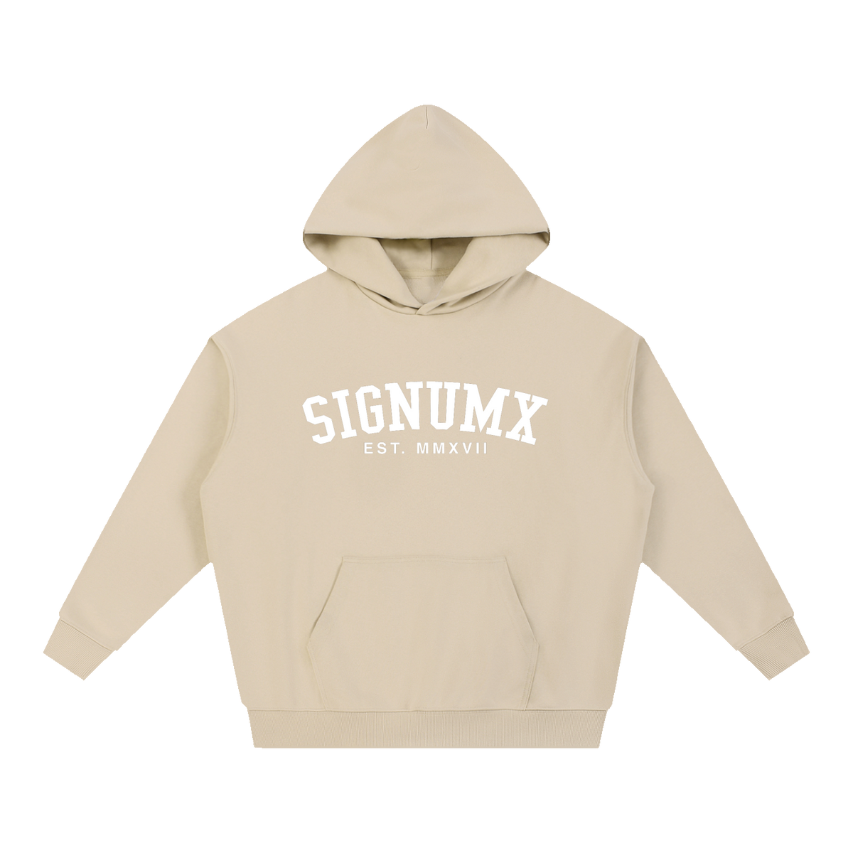 SIGNUMX College Hoodie in Sand, women's Catholic hoodie with white SIGNUMX EST. MMXVII collegiate print, front flat lay