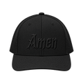 Black Amen trucker hat, tonal black embroidered Amen in blackletter script, front