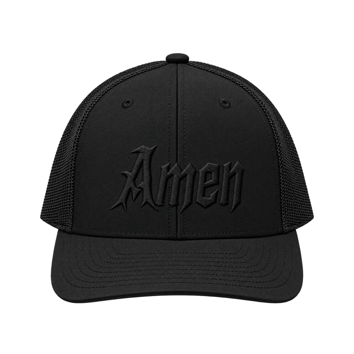 Black Amen trucker hat, tonal black embroidered Amen in blackletter script, front