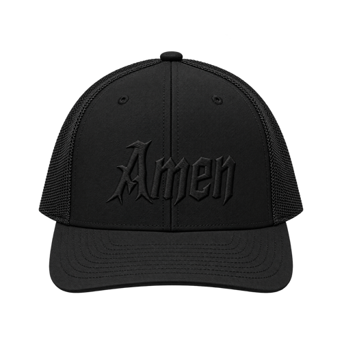 Black Amen trucker hat, tonal black embroidered Amen in blackletter script, front