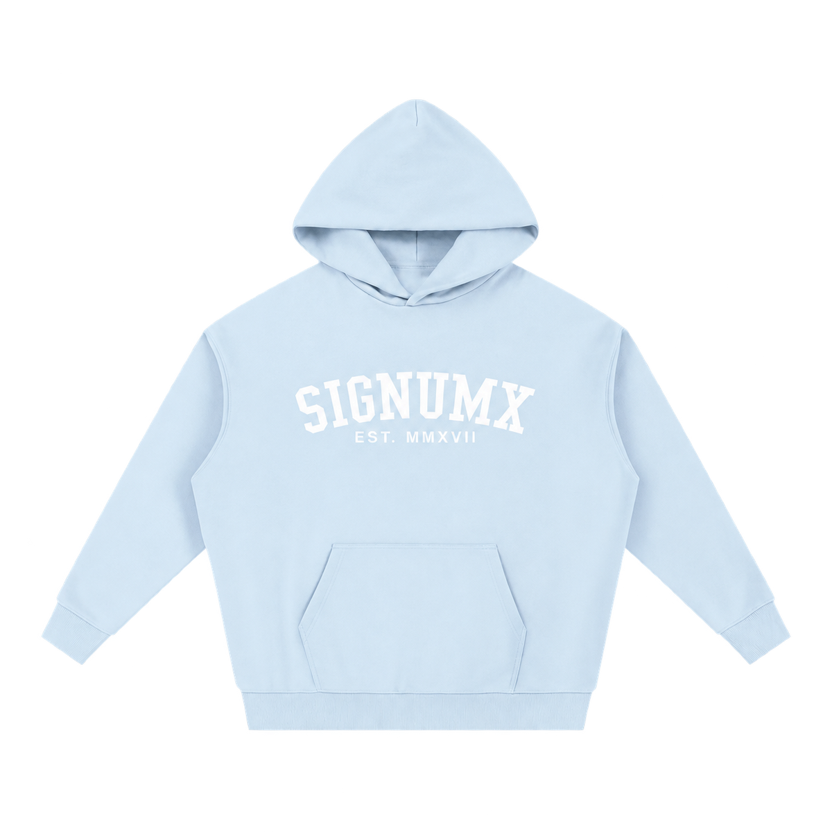 Light Blue SIGNUMX College Hoodie, women's Catholic hoodie with EST. MMXVII, front