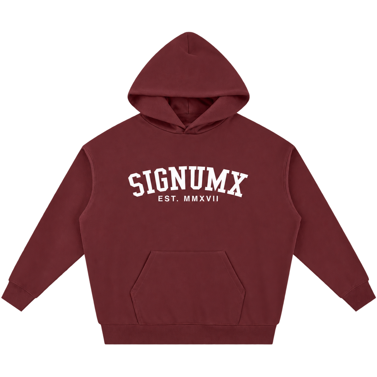 Maroon SIGNUMX College Hoodie, women's Catholic hoodie with EST. MMXVII, front