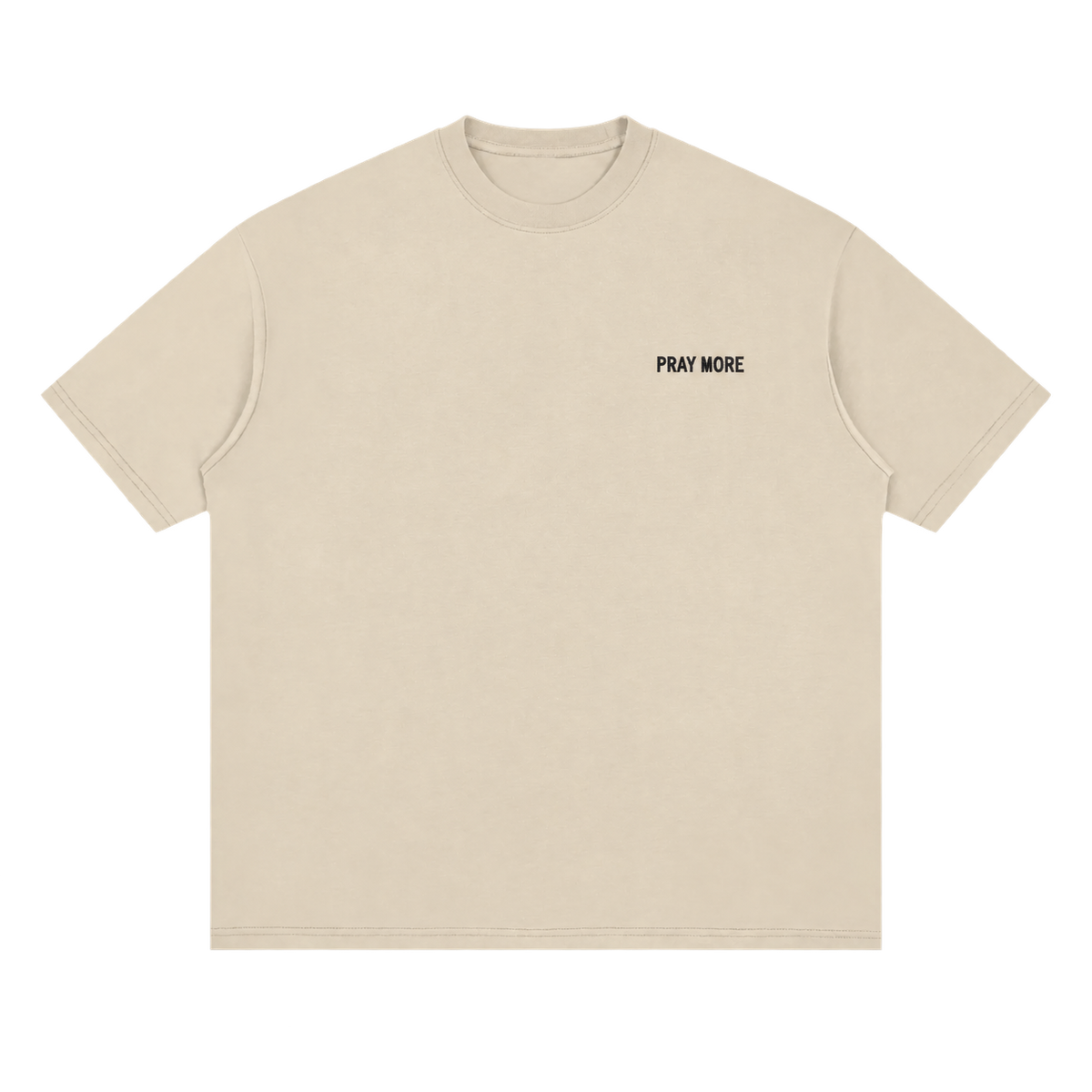 Sand Pray More Catholic shirt, black PRAY MORE chest embroidery, front