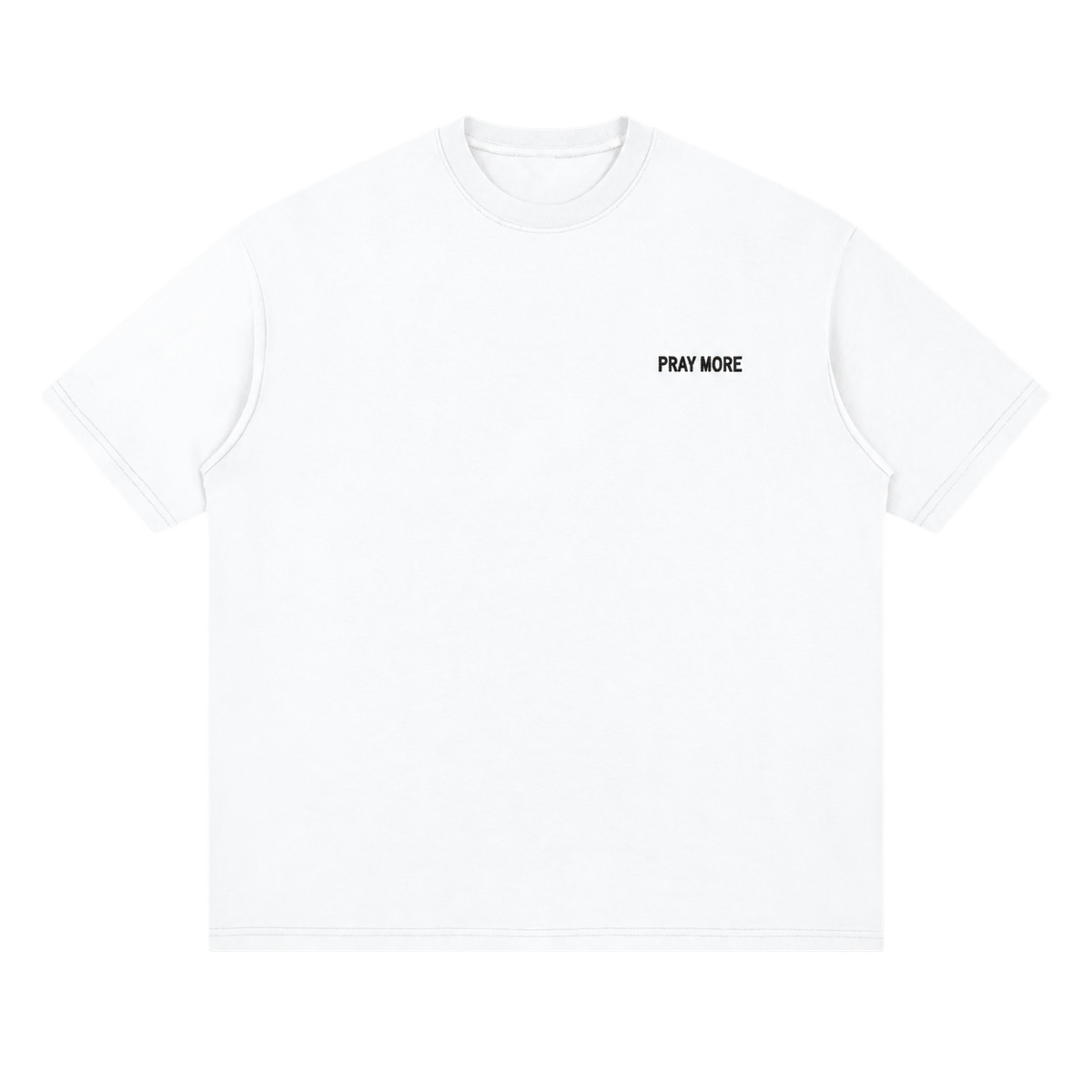 White Pray More Catholic shirt, black PRAY MORE chest embroidery, front