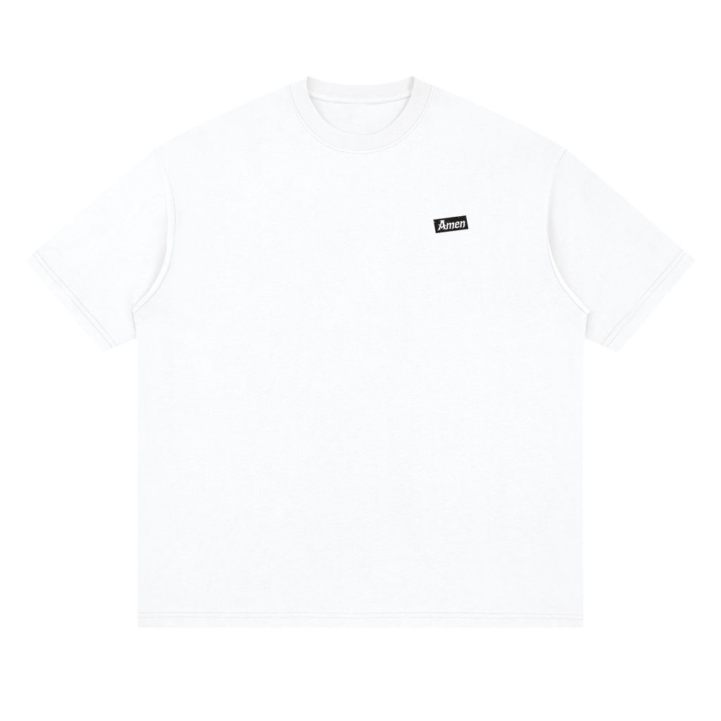 White In Nomine Patris Catholic shirt, small Amen print on chest, front