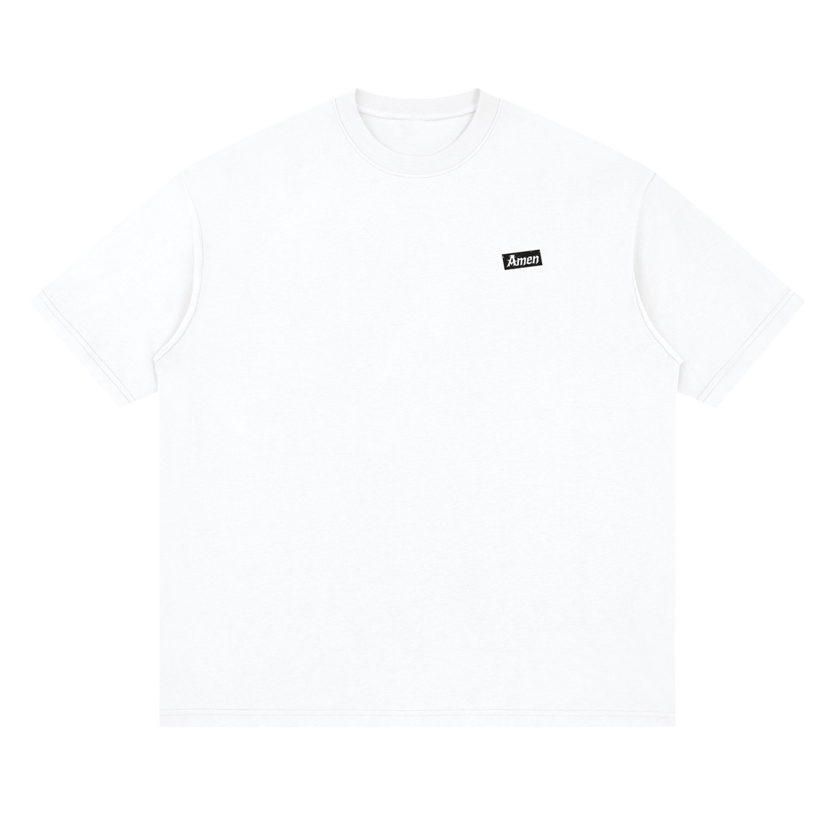 White In Nomine Patris Catholic shirt, small Amen print on chest, front