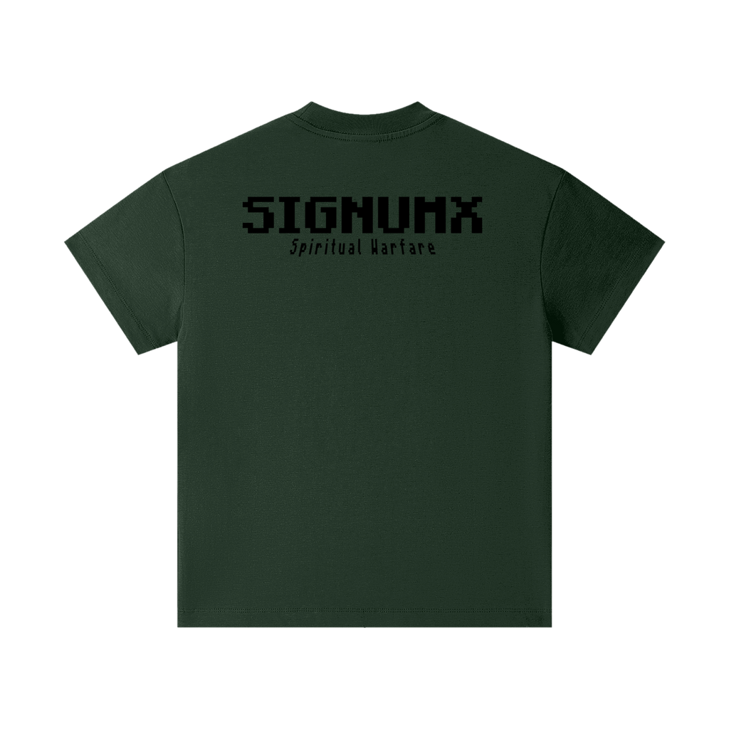 SIGNUMX Kids Spiritual Warfare Shirt in Dark Green, back with 8-bit SIGNUMX Spiritual Warfare print