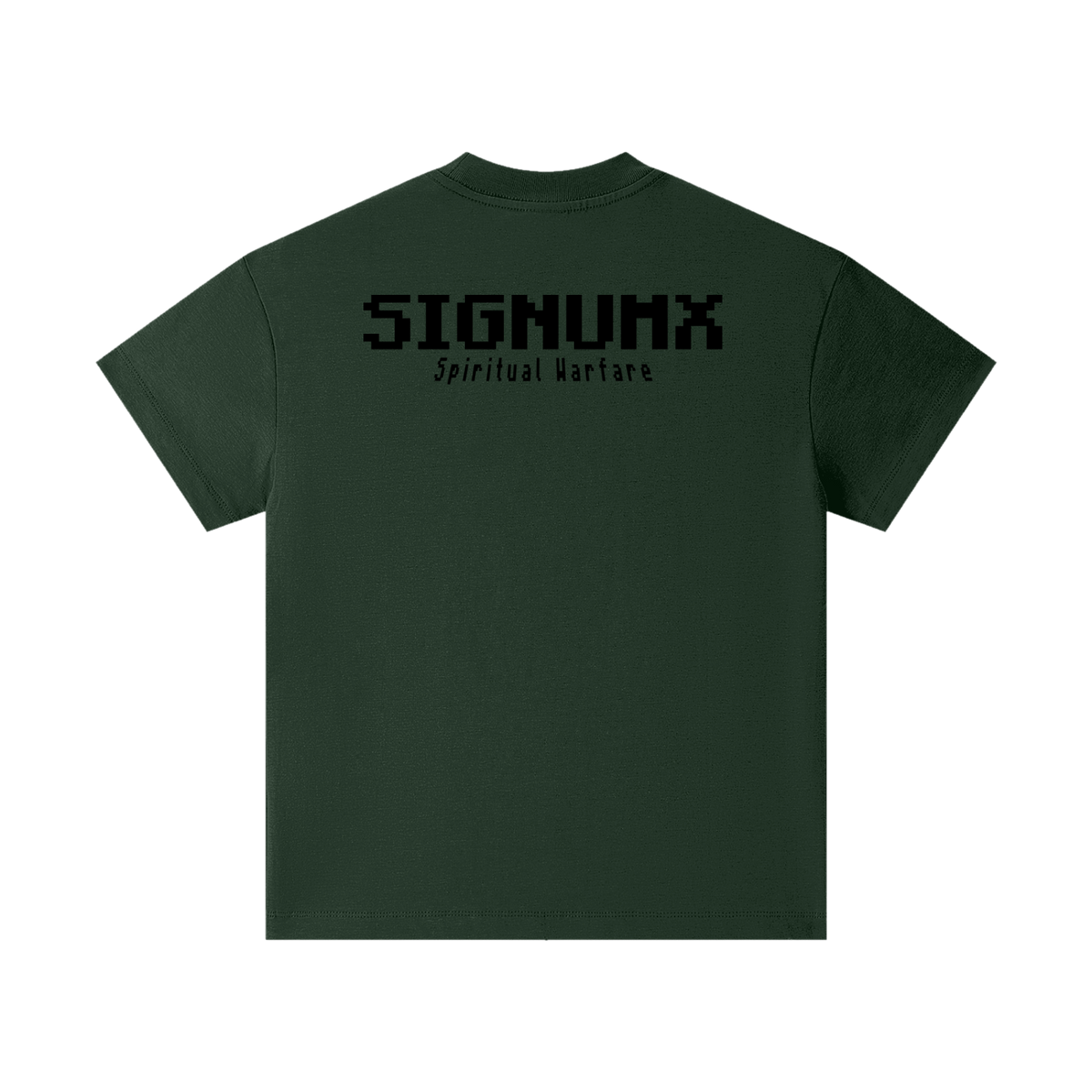SIGNUMX Kids Spiritual Warfare Shirt in Dark Green, back with 8-bit SIGNUMX Spiritual Warfare print