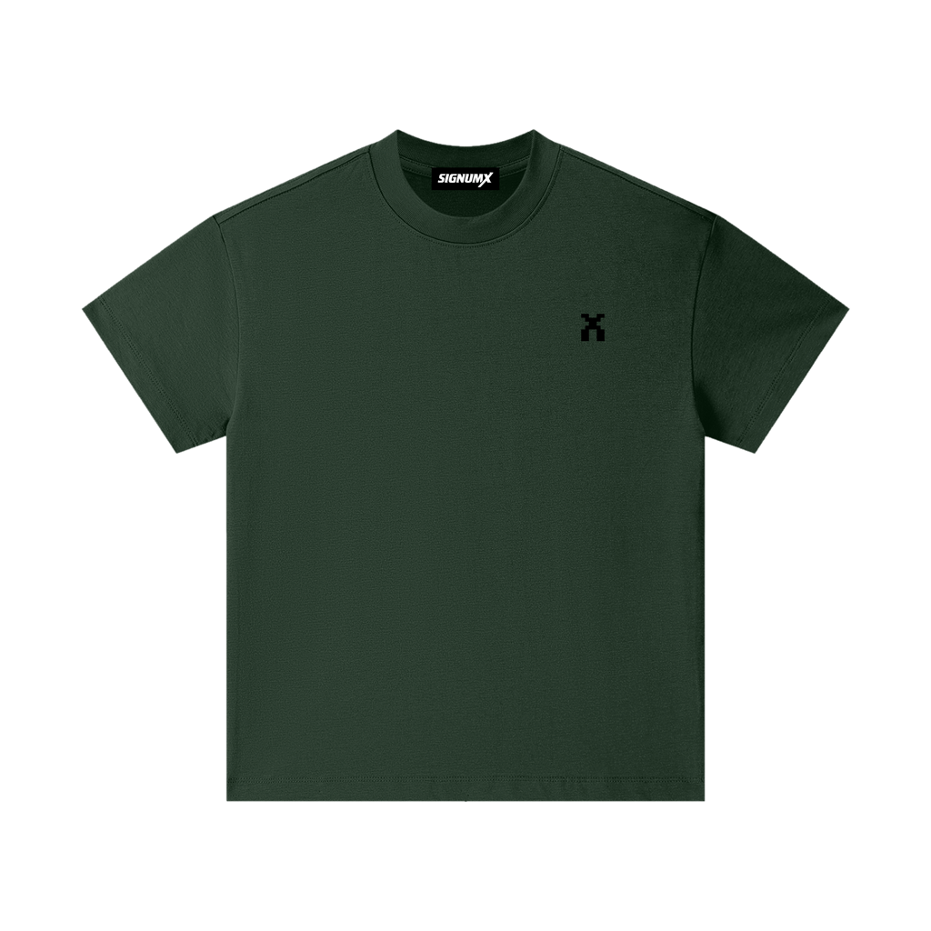 SIGNUMX Kids Spiritual Warfare Shirt in Dark Green, front with small pixel X on the chest