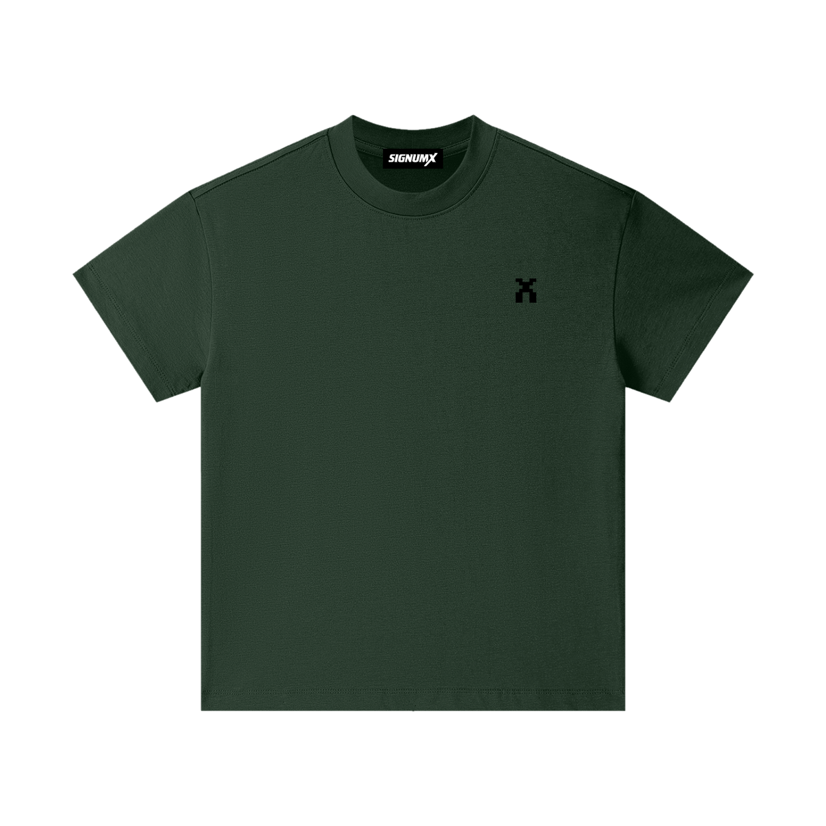 SIGNUMX Kids Spiritual Warfare Shirt in Dark Green, front with small pixel X on the chest