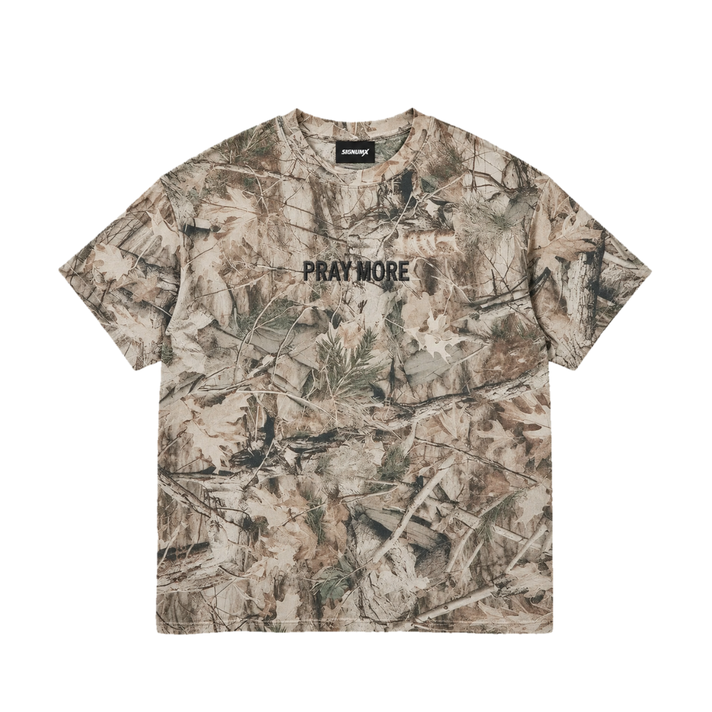 Tree Camo Pray More Catholic shirt, black PRAY MORE center-chest embroidery, front
