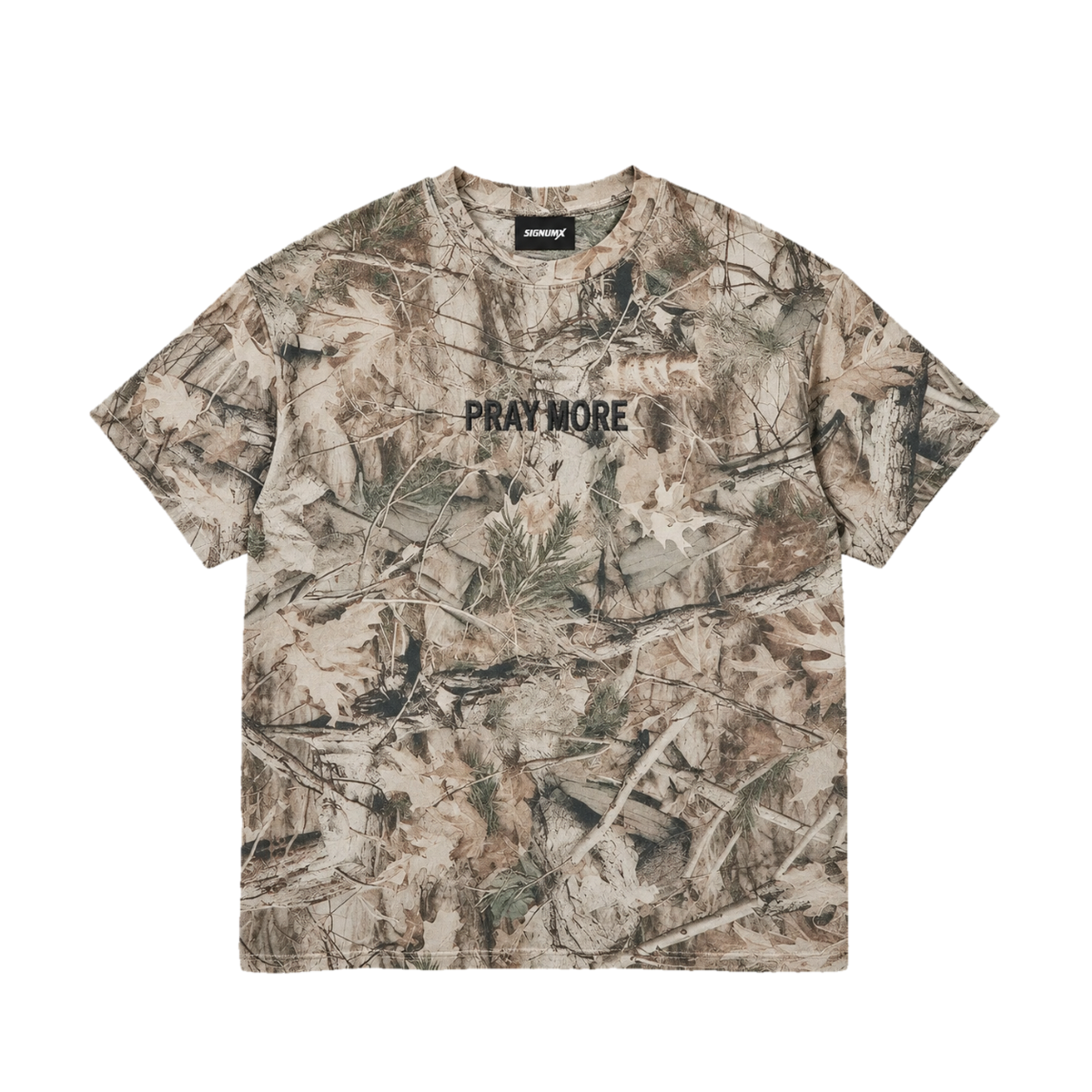 Tree Camo Pray More Catholic shirt, black PRAY MORE center-chest embroidery, front