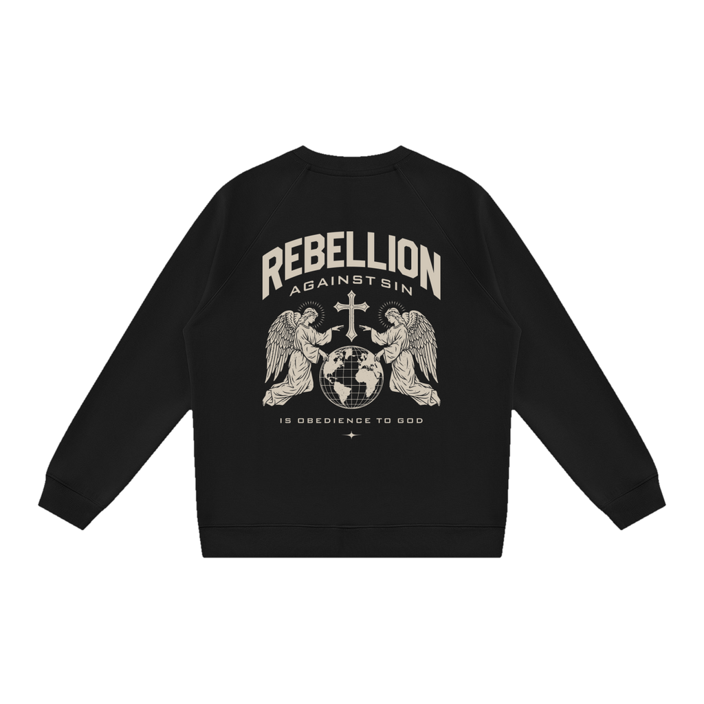 Black Rebellion Against Sin Catholic crewneck sweatshirt, back print of two angels kneeling at the cross over the world