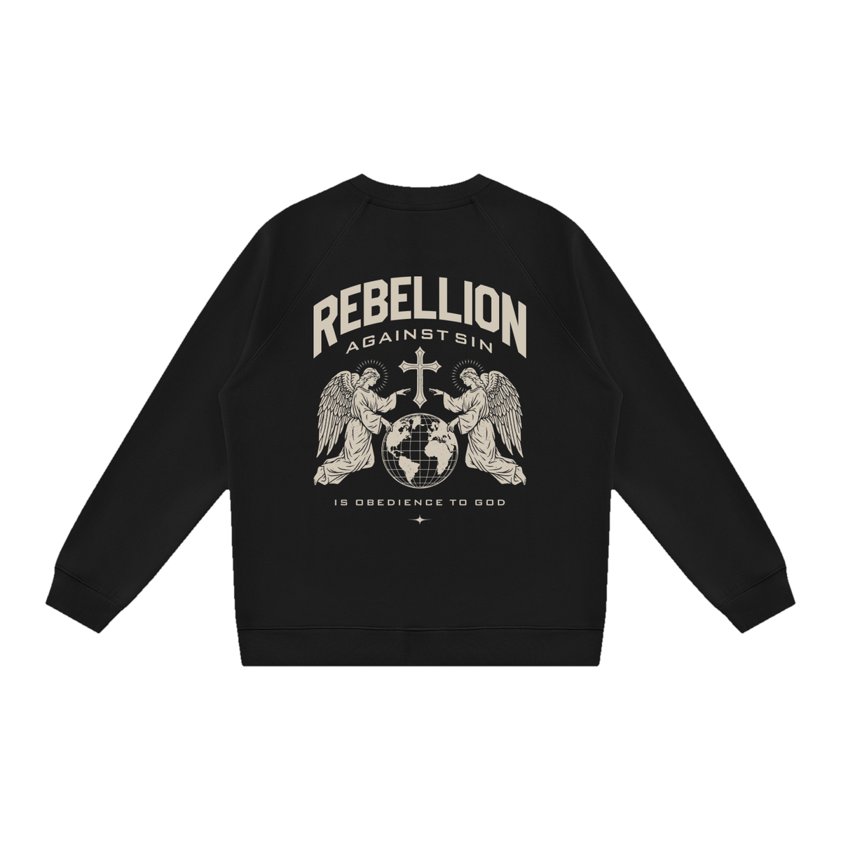 Black Rebellion Against Sin Catholic crewneck sweatshirt, back print of two angels kneeling at the cross over the world