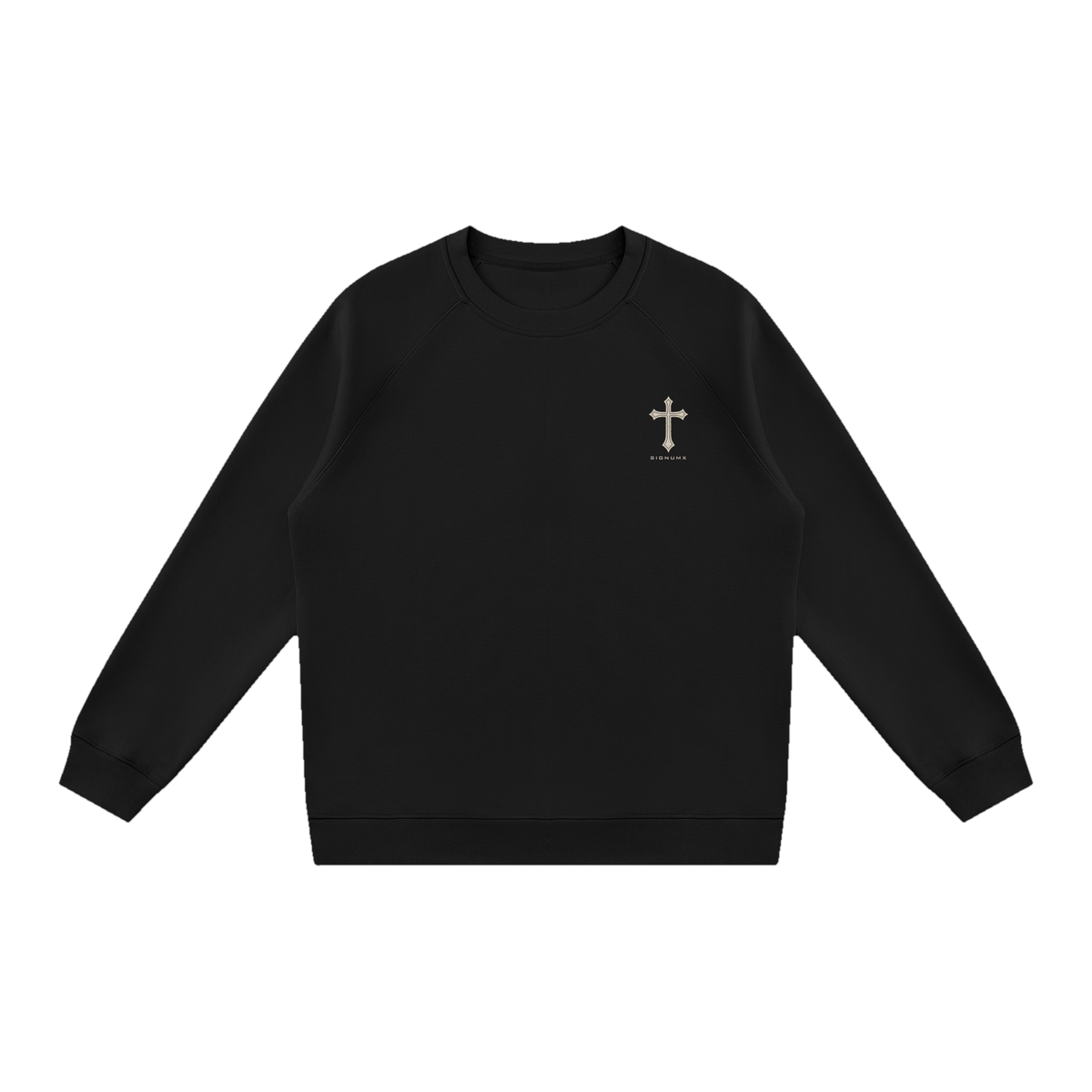 Black Rebellion Against Sin Catholic crewneck sweatshirt, front with small chest cross, flat