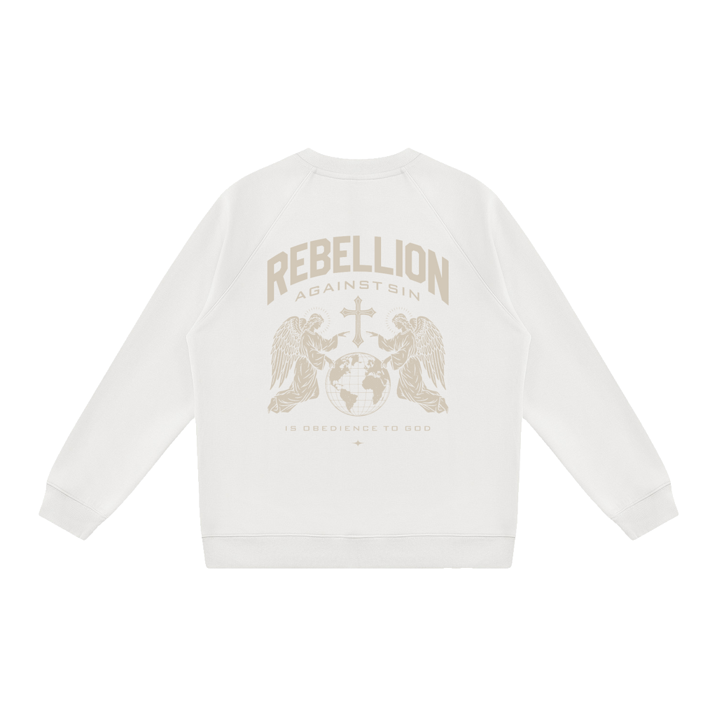 White Rebellion Against Sin Catholic crewneck sweatshirt, back print Rebellion Against Sin Is Obedience to God with kneeling angels
