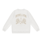 White Rebellion Against Sin Catholic crewneck sweatshirt, back print Rebellion Against Sin Is Obedience to God with kneeling angels