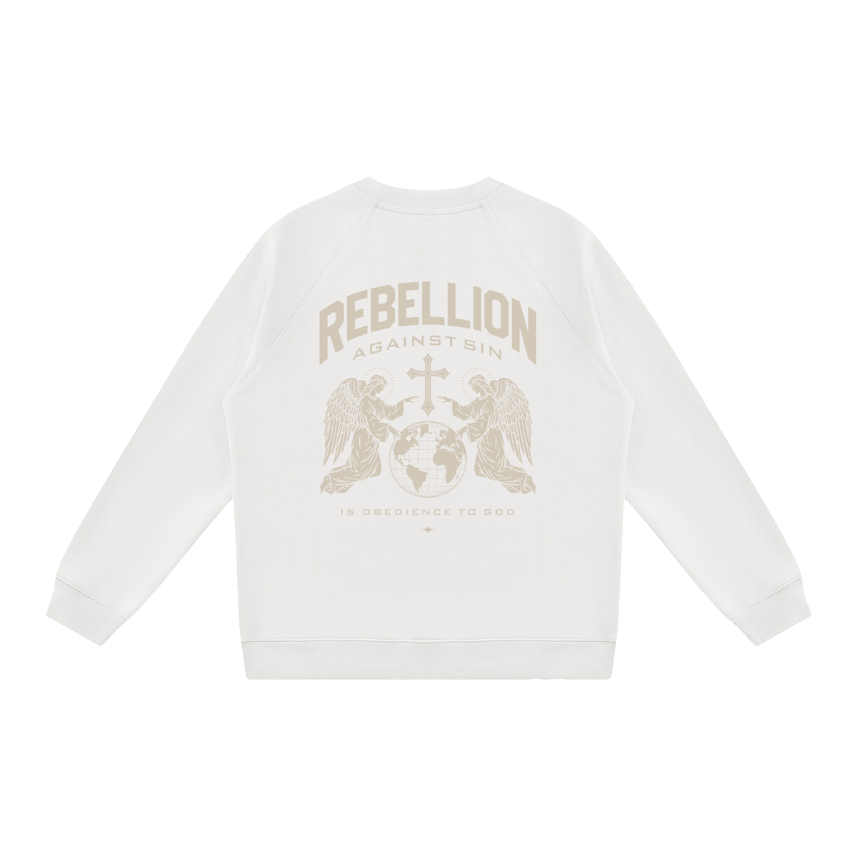 White Rebellion Against Sin Catholic crewneck sweatshirt, back print Rebellion Against Sin Is Obedience to God with kneeling angels